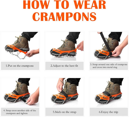 Crampons Ice Cleats Traction Snow Grips for Boots Shoes Women Men Anti Slip 19 Stainless Steel Spikes Safe Protect for Hiking Fishing Walking Climbing Mountaineering